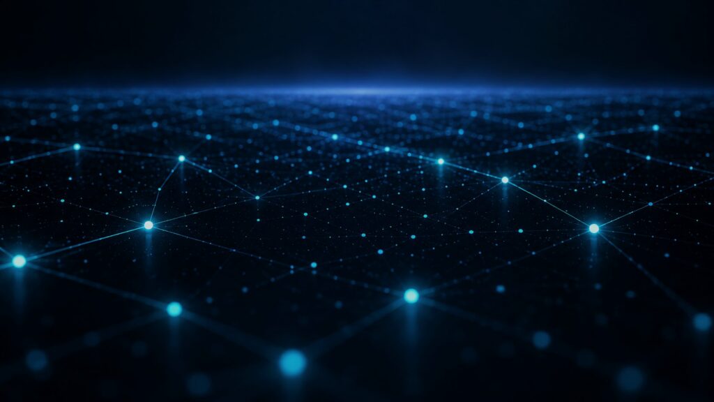 Horizon lumineux ponctué de nœuds reliés, évoquant un premier échange.